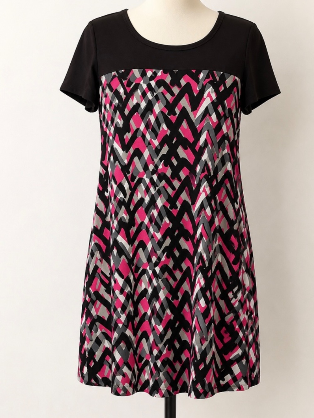DKNY Geometric Print Shift Dress Black Pink Gray Short Sleeve Size L
